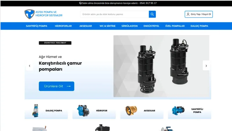 Astek Pompa web sitesi ana sayfası