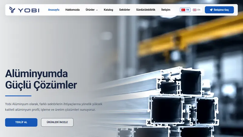 Yobi Alüminyum web sitesi ana sayfası